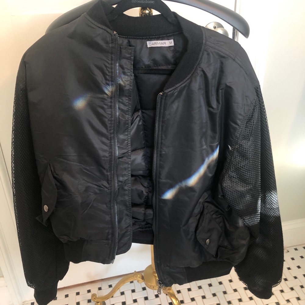 Bomber jacket with mesh sleeves